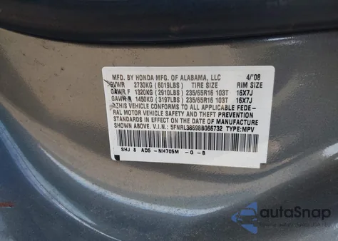 2008 Honda Odyssey Ex-L from USA, damaged, VIN 5FNRL38698B066732